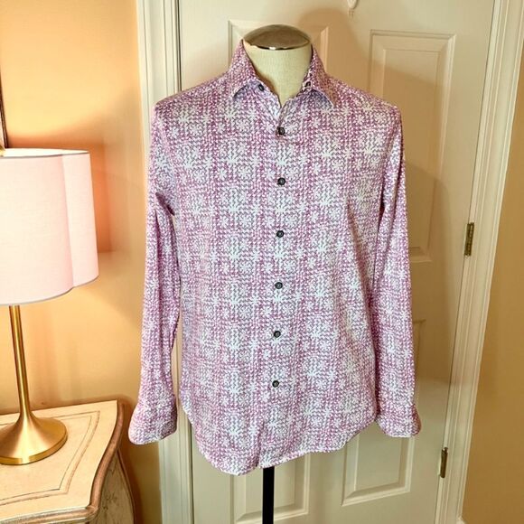 EUC Men's Robert Graham Pink White Print Betts Flip Cuff Stretch Shirt Sz SMALL - Picture 8 of 8